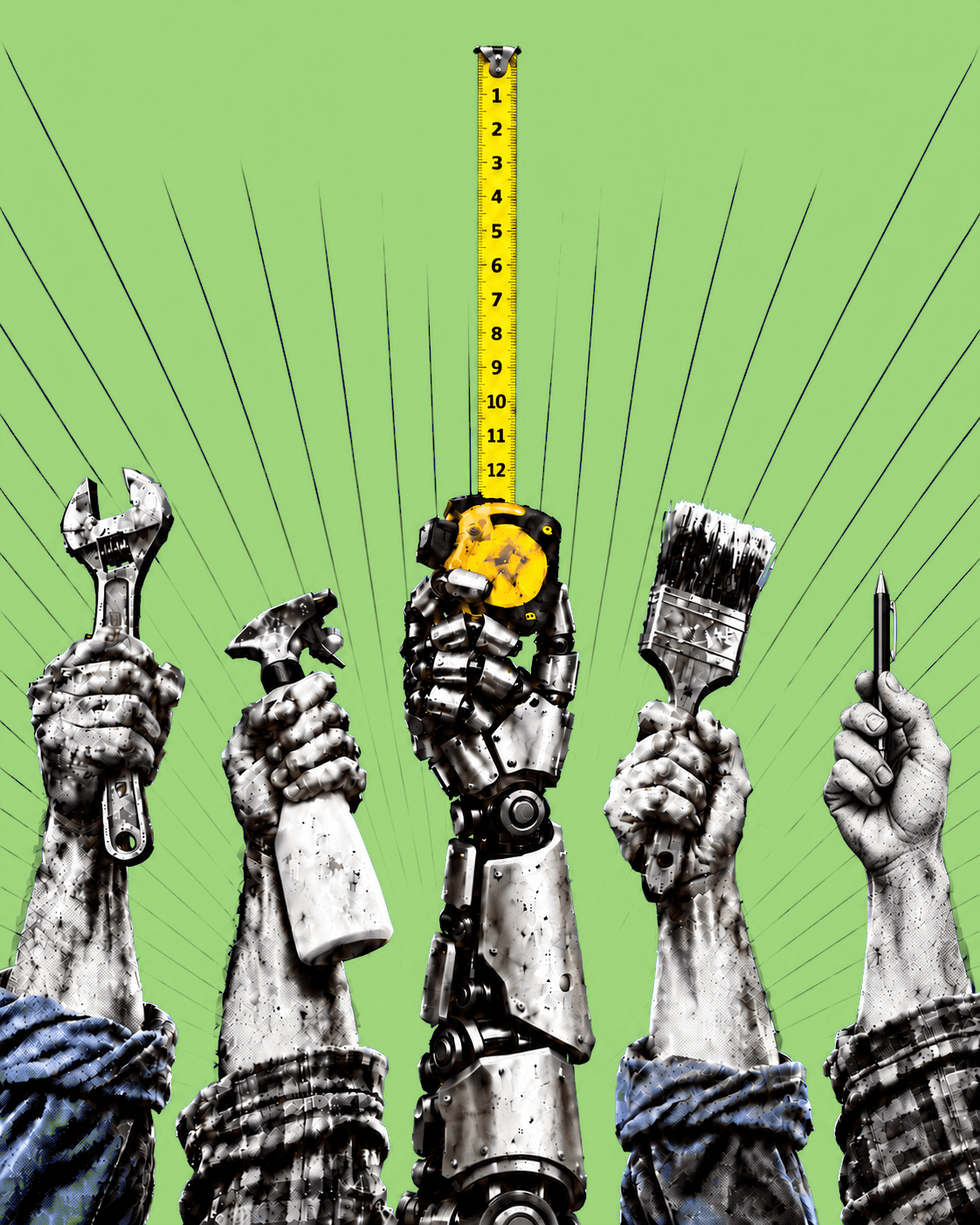 Worker fists holding a wrench, spray bottle, brush and pen around a robot arm holding a tape measure