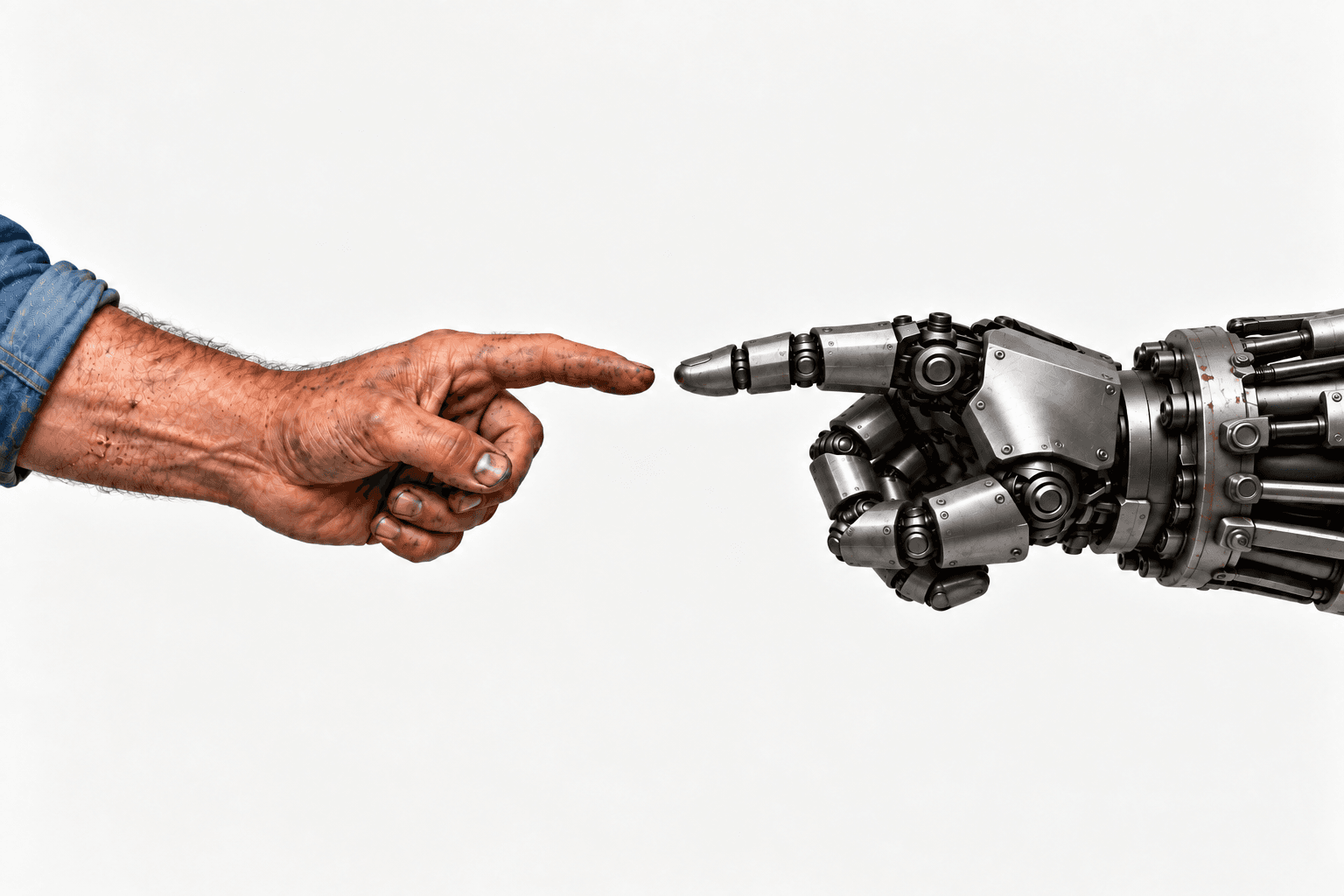 A worker's finger and a robot finger almost touching