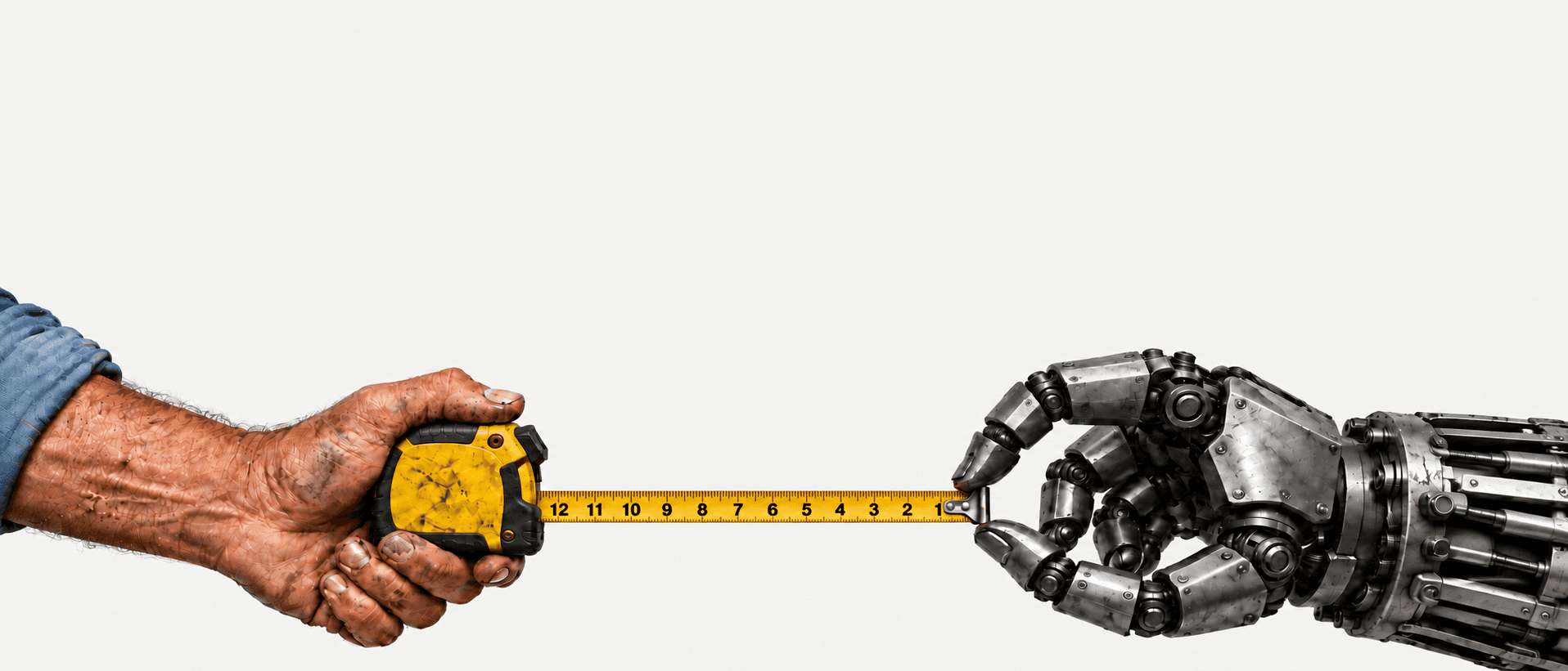 A worker's hand holds a tape measure; a steel robot hand pulls the hook